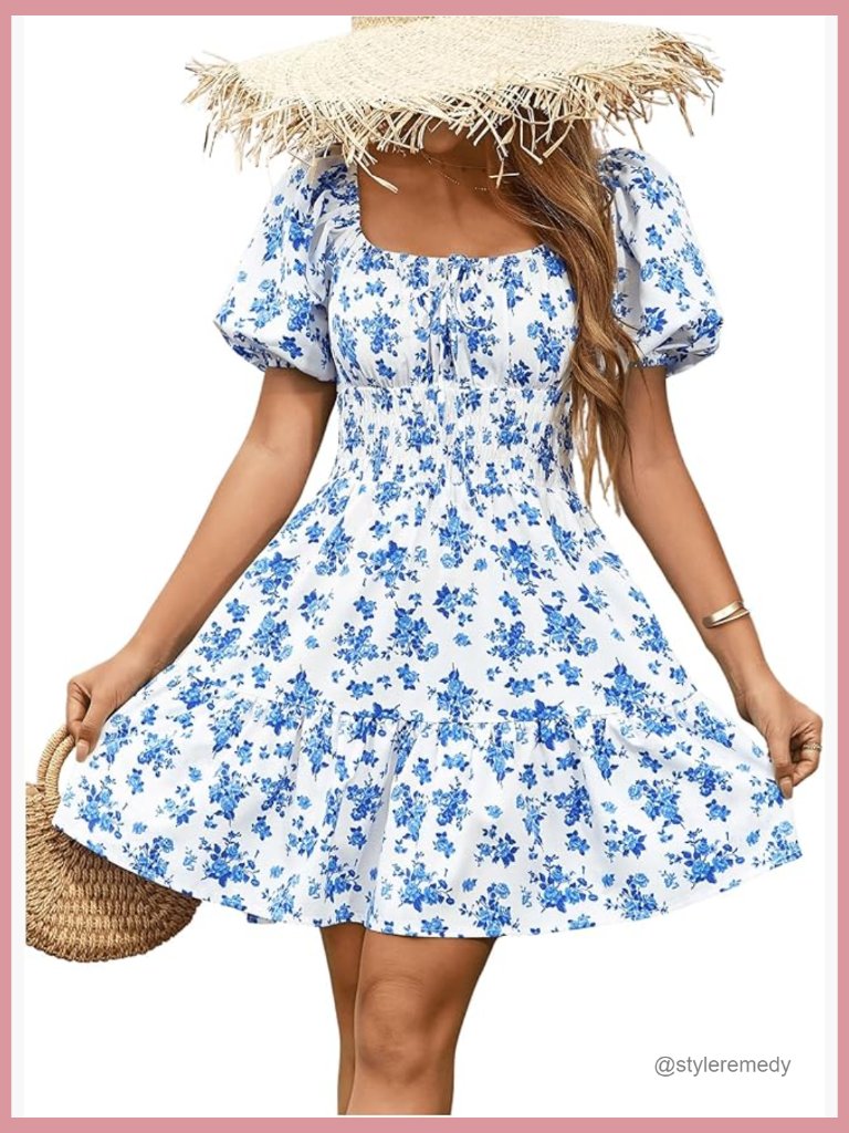 Boho Square Neck Puff Sleeve Self Tie Front A Line Casual Dress